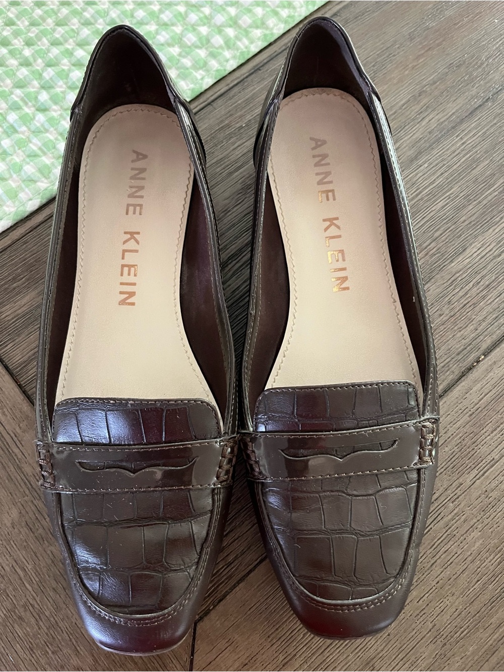 Anne Klein Brown Croc-Embossed Leather Loafers